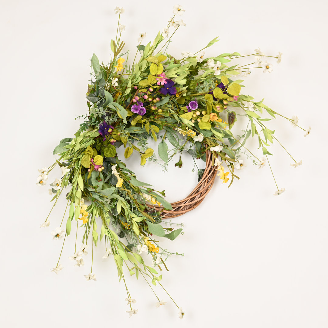 28" Spring Summer Front Door Wreath with Pansy Daisy Blossoms Cluster Primrue