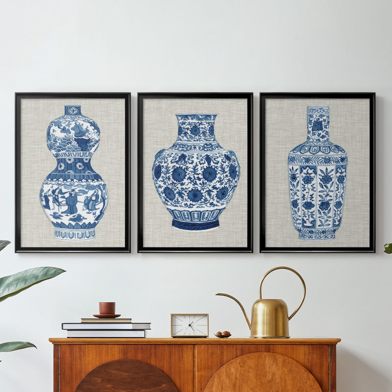 Vase Ming sur toile de lin IV - Toile tendue avec châssis sur mesure - 3 pièces, Noir, H 21 po x l 30 po