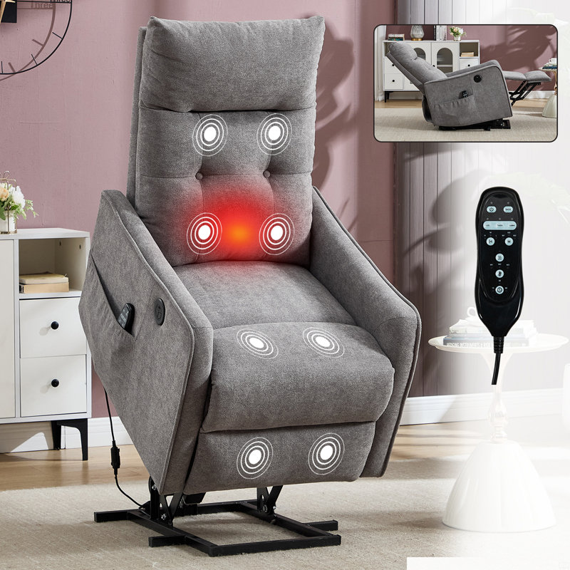 Chenille Single Motor Power Lift Recliner Chair With Massage And Heat, Gray