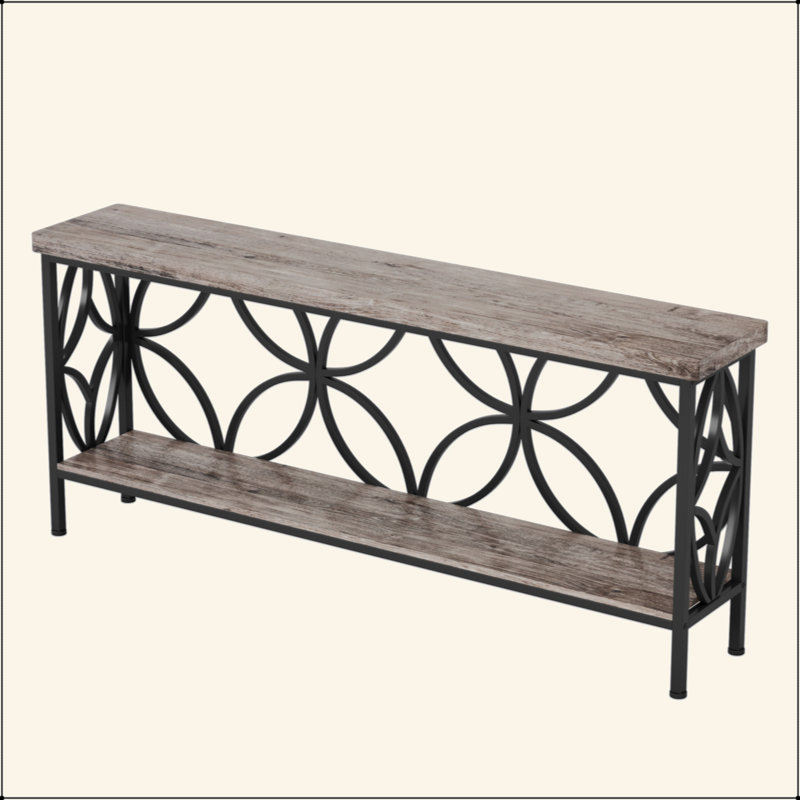 Extra Long Industrial Console Table, Narrow Sofa Table Behind Couch With Open Storage Shelves, Rustic Entryway Table For Hallway, Foyer, Or Living Room, Metal Frame