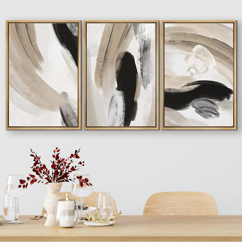 Ensemble de 3 peintures sur toile avec cadre flottant, H 24 po x l 32 po x P 1,5 po, Naturel