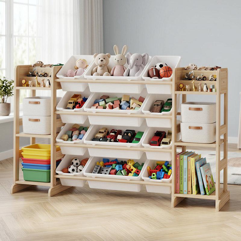 Rangement pour jouets pour enfants avec 12 bacs et 6 tablettes ouvertes, Blanc