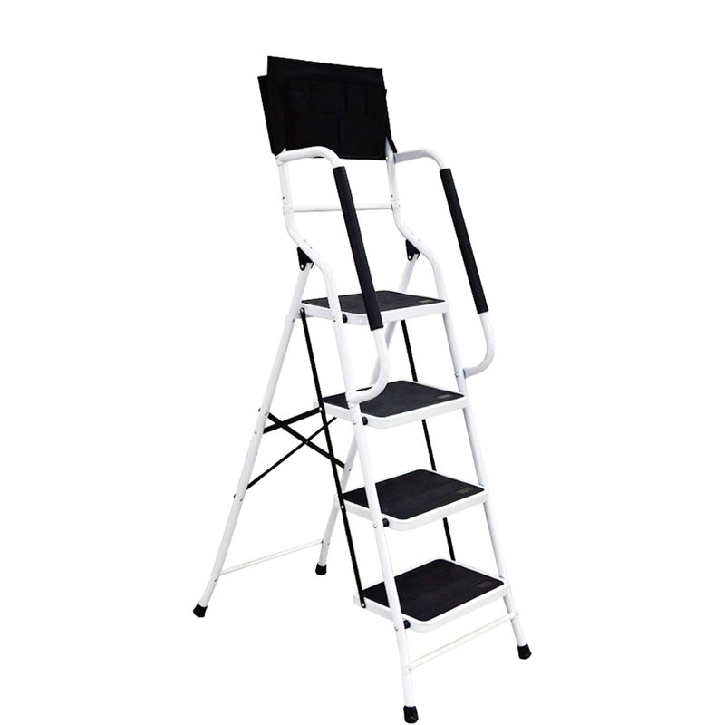 4 Step Ladder With Handrails 500 Lb Capacity Step Stool Folding Portable Ladders For Home Kitchen Steel Frame With Non-Slip Wide Pedal Stepladder With Attachable Tool Bag Black
