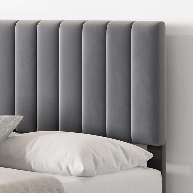 Structure de lit plateforme avec tête de lit tapissier en tissu, support en lattes de bois, sommier entièrement rembourré