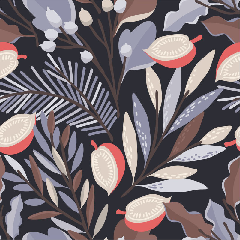Papier peint feuilles avec baies et fruits, L 225 po x l 25 po