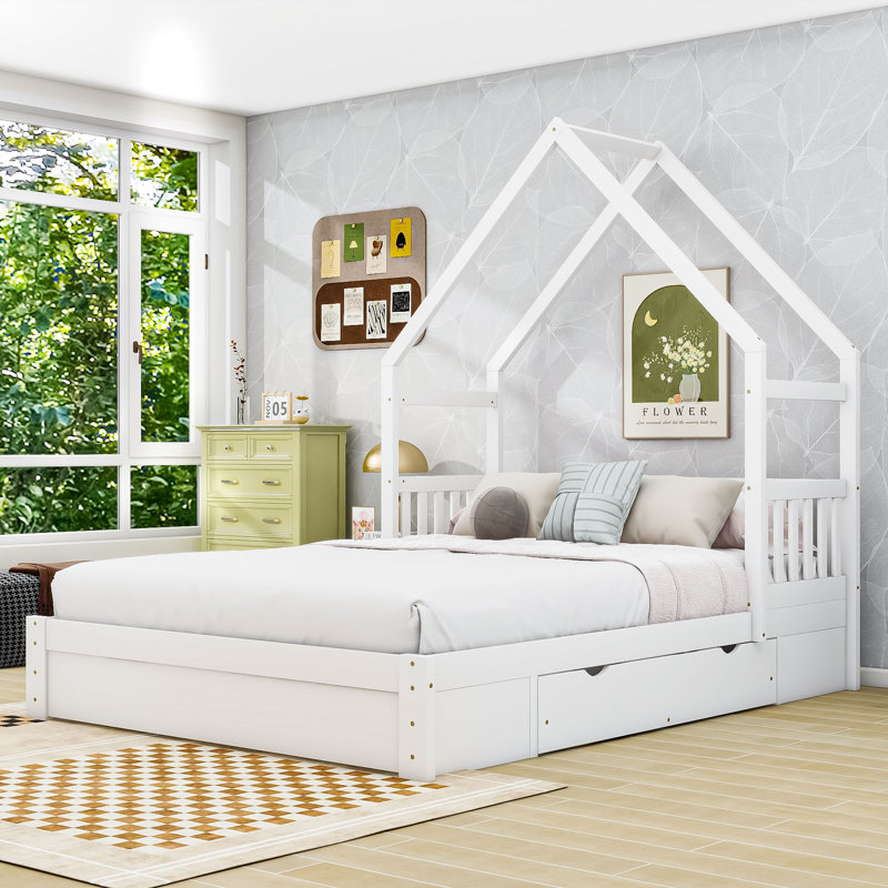 Grand lit plateforme avec tiroirs de rangement, Blanc