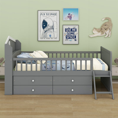 Cadre de lit avec rangement à 4 tiroirs, cadre de lit en bois pour enfants, lit plateforme avec tête de lit garde-corps et échelle