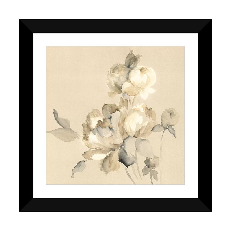 « pivoine fleurs », impression sur toile, H 16 po x l 16 po x P 1 po, Papier d'art encadré noir, Blanc