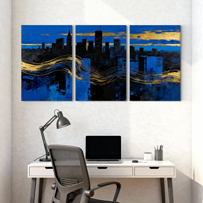 Ensemble de 3 impressions sur toile, "Skyline bleue avec vagues d'or", H 18 po x l 36 po