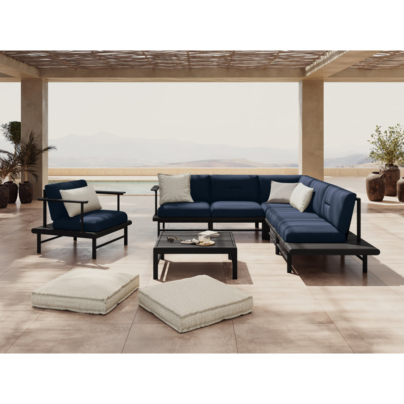 245cm Wide Metal Patio Sectional with Cushions, Dark Blue