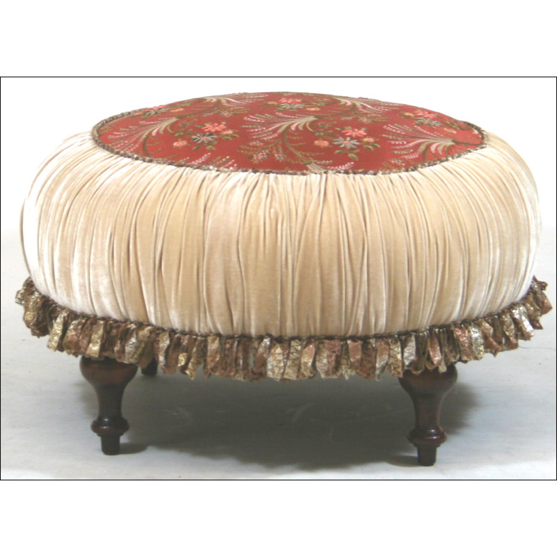 Round Leather Ottoman, Natural, French Ivory, Hair Hide Black