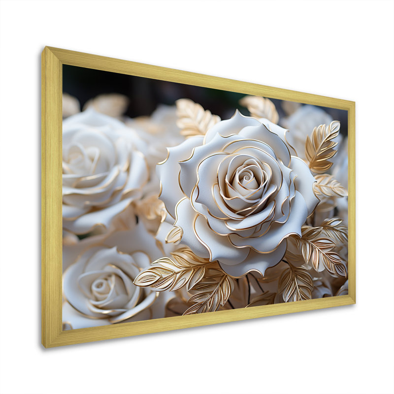 «White and Gold Rose Passion - Roses», reproduction sur toile encadrée, H 12 po x l 20 po x P 1 po, Cadre doré simple