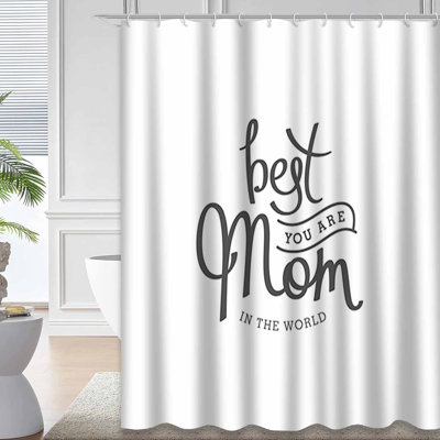 Best Mom World Monochrome Lettering Greeting Shower Curtain with 12 Hooks