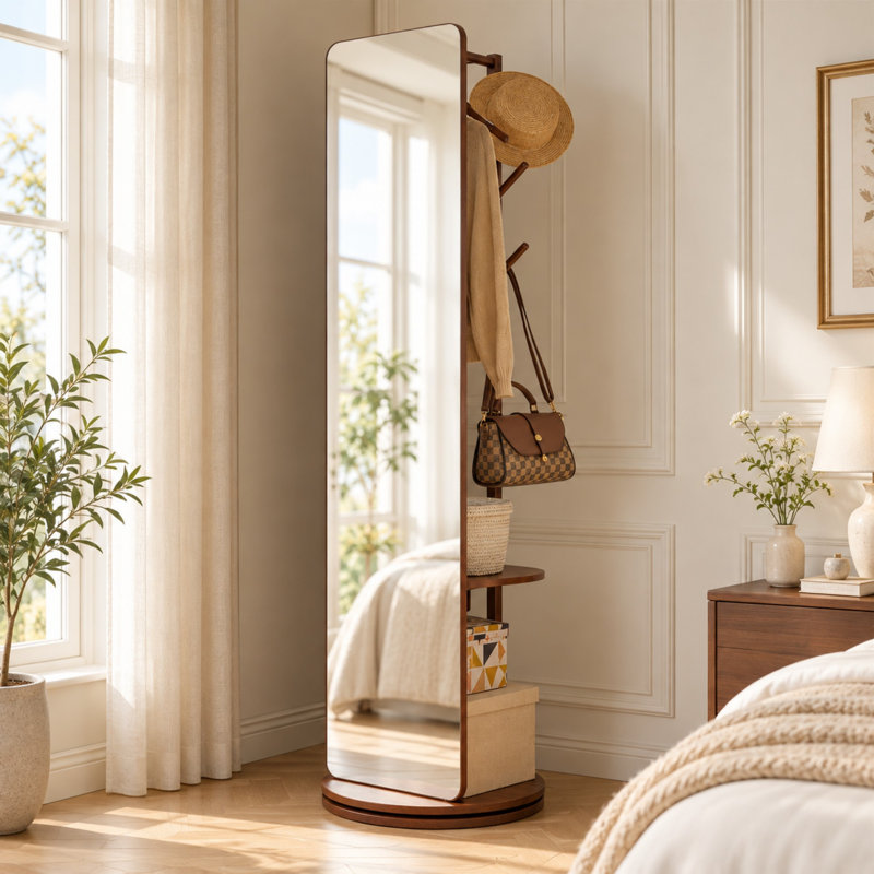 Miroir pivotant pleine longueur de 70 pouces avec portemanteau et rangement en bois massif