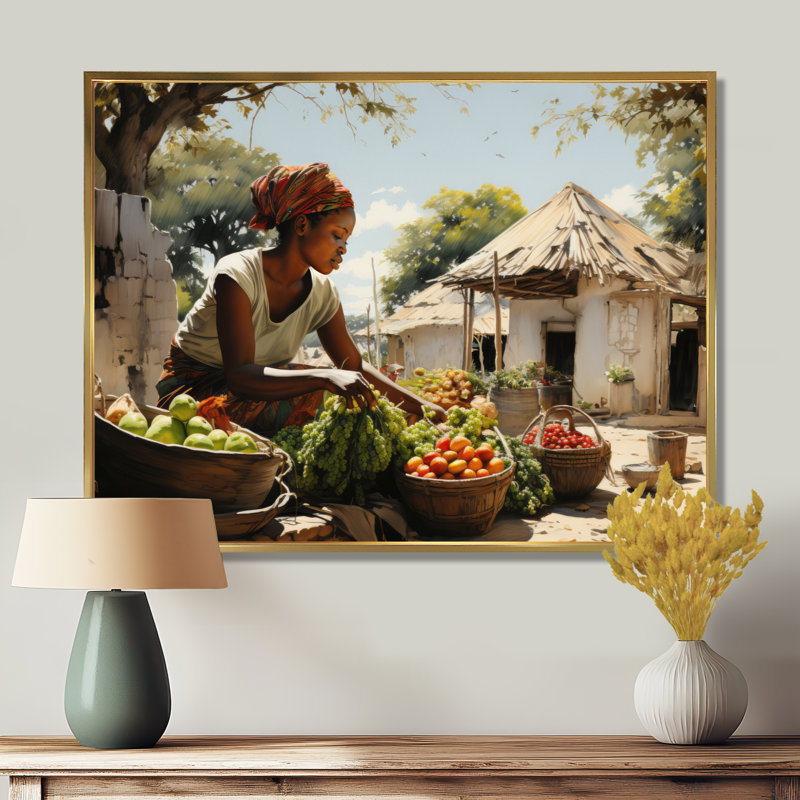 «African Vibrant Market III», reproduction sur toile, Cadre flottant doré, H 30 po x l 40 po x P 1,5 po