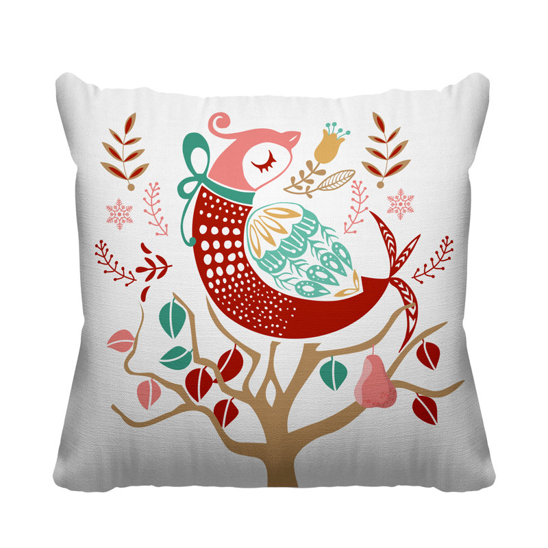 Coussin intérieur / extérieur scandinave Patridge On A Pear Tree, Rouge, L 19 po x H 19 po