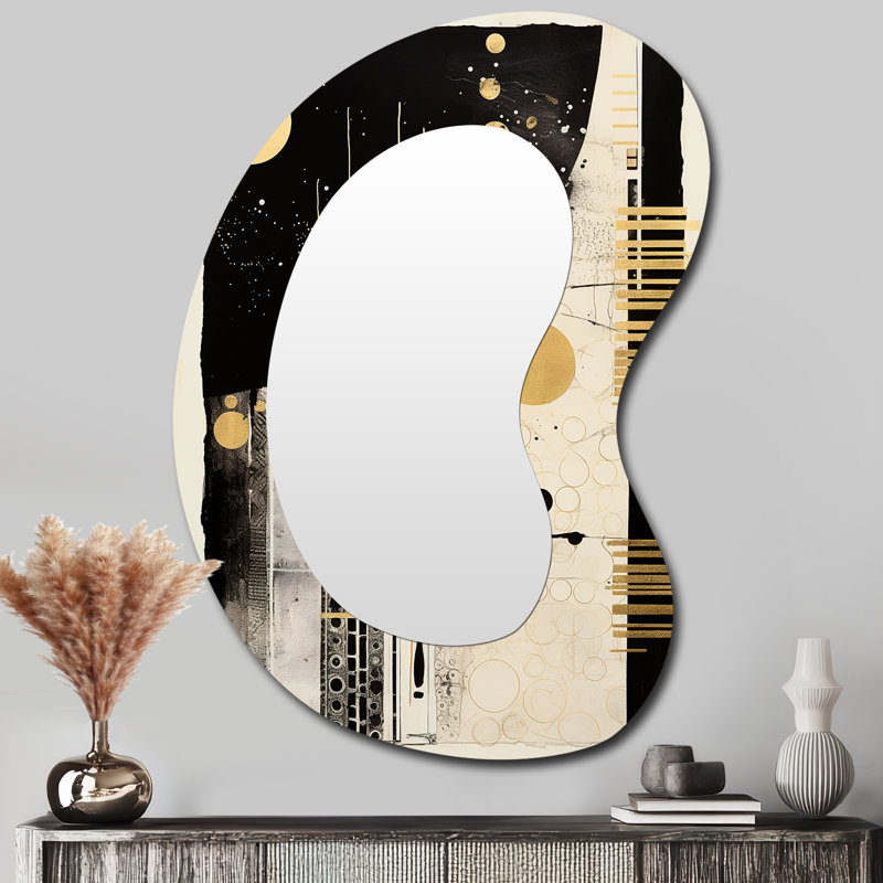 Schwaller or noir blanc dimanche jazz I - grand miroir de forme unique de collages abstraits, miroir mural décoratif de forme libre moderne, impression d'art en métal