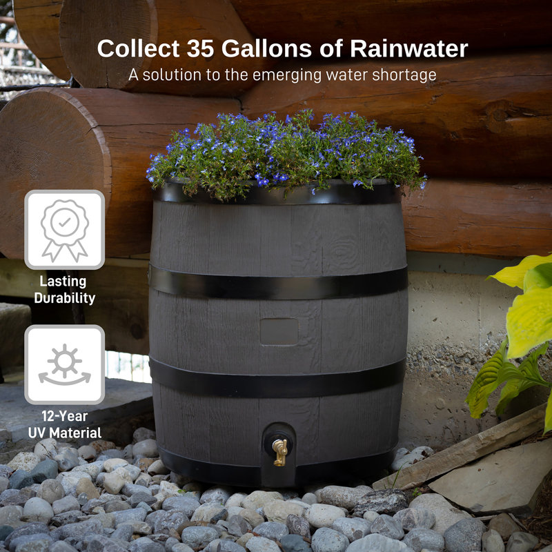 35 Gallon Dark Brown Plastic Rain Barrel with Planter