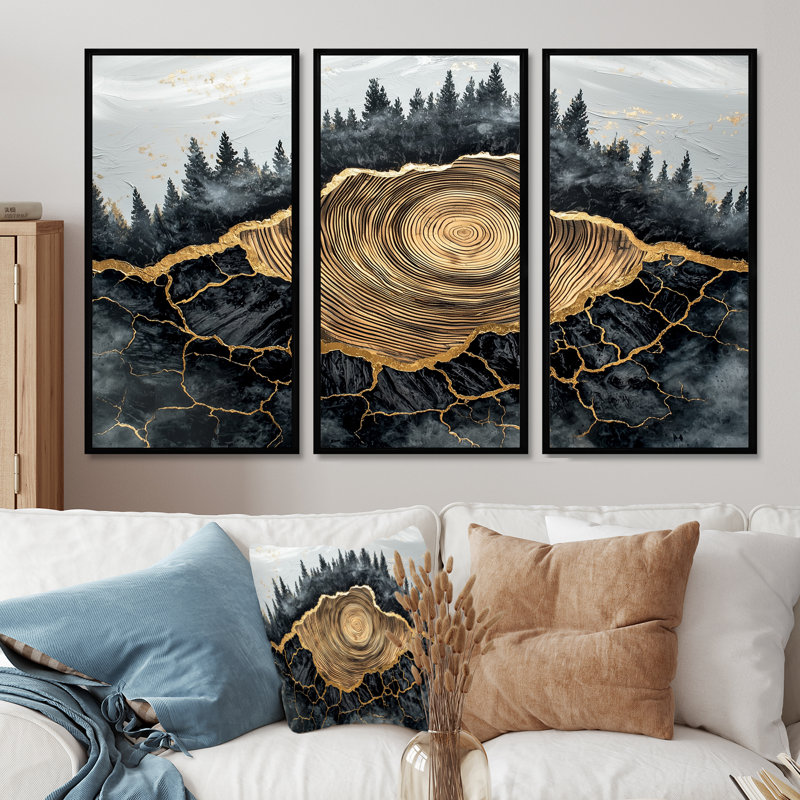 Forêt foncée liquide Gem I - art mural forêt pour le salon - ensemble de 3, H 28 po x l 36 po, Noir