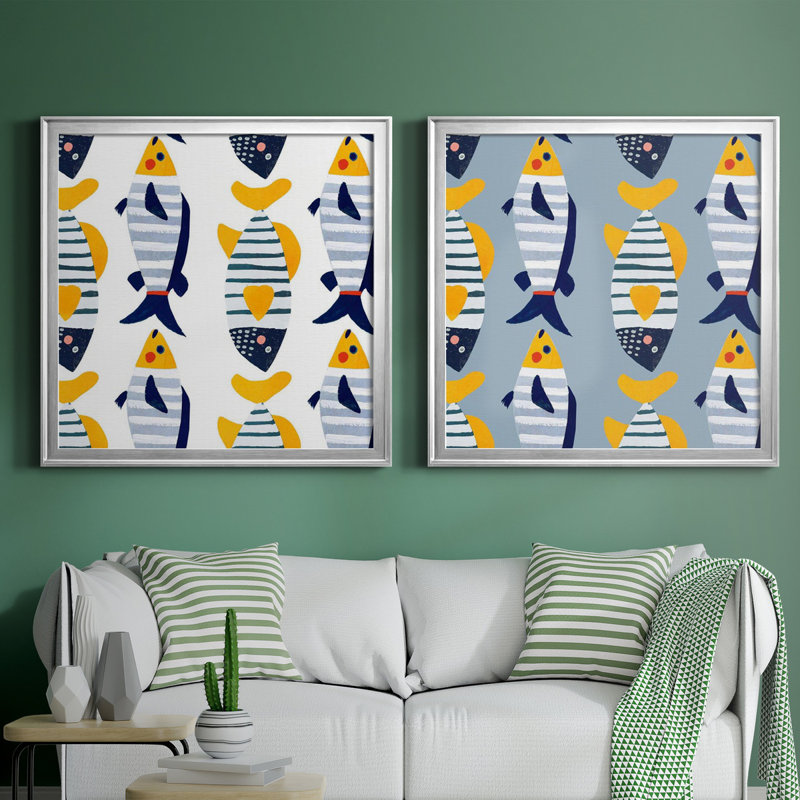 "Patterned Fish Collection H", ensemble de 2 impressions encadrées, Toile encadrée argentée, H 34,5 po x l 69 po x P 1,5 po