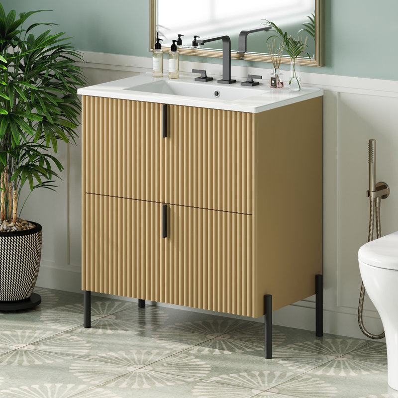 Meuble-lavabo de salle de bain avec lavabo en céramique, Naturel