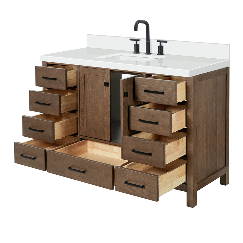 Grevera 55" Single Bathroom Vanity Set, Brown Oak / Matte Black, Rectangle 