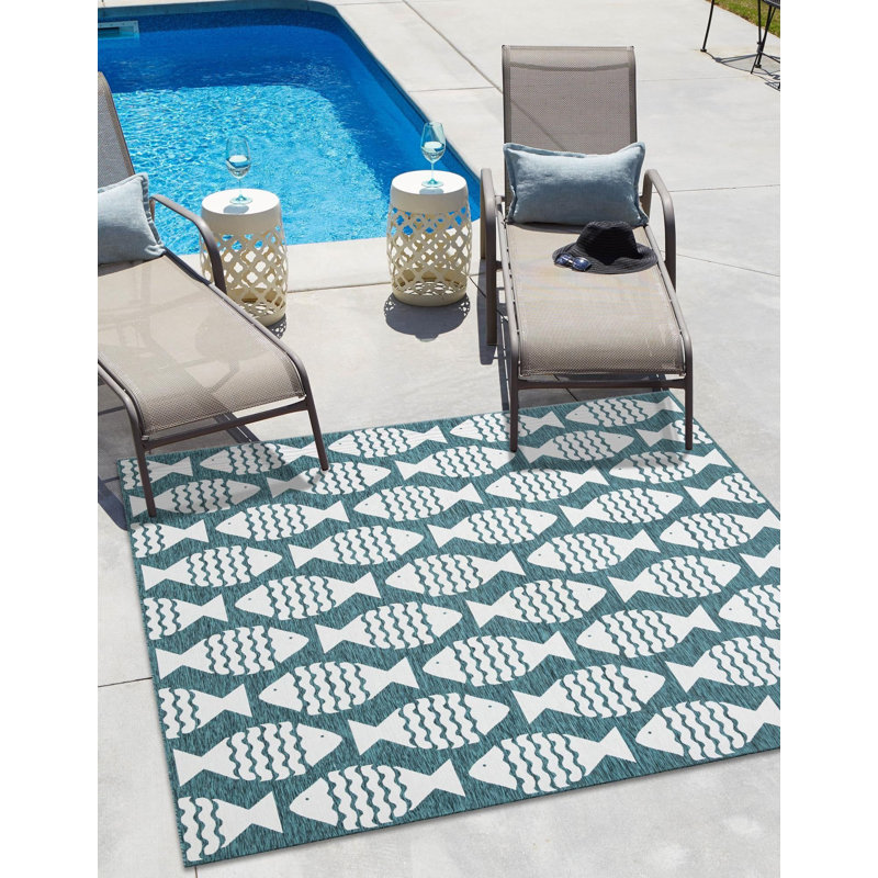 Tapis contemporain de couleur turquoise Daitzman, Carré 7 pi 10 po