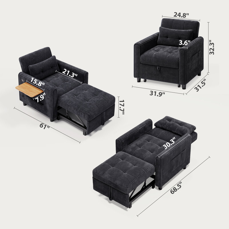 Fauteuil d'appoint convertible 3 en 1 avec port de charge USB et table d'appoint, fauteuil en velours côtelé pour le salon et la chambre à coucher
