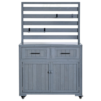 64.9'' H Large Patio Kitchen Island Solid Wood Kitchen Cart, Grill Prep BBQ Table, Garden Potting Bench With Stainless Table Top, 3 Movable Shelves And 2 Drawers,Gray, Kitchen Island