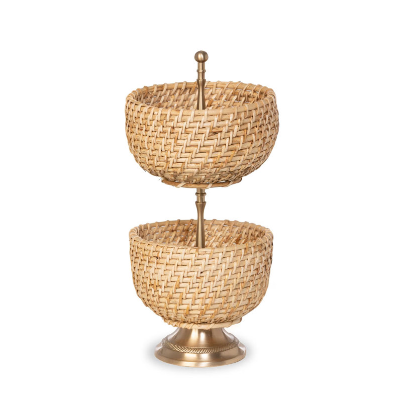 Amelia Round Woven Bamboo and Brass Tiered Server