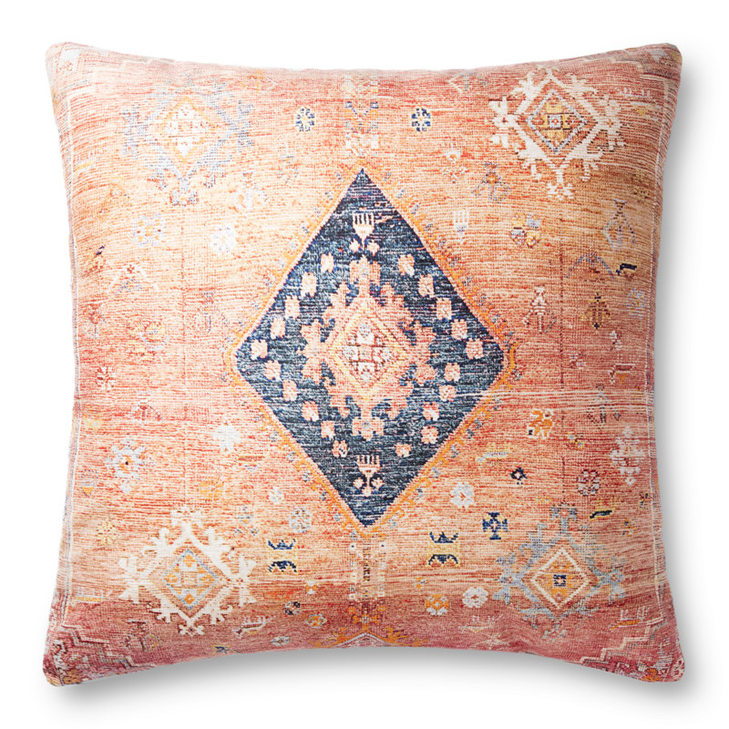 Coral and Multi-Color Polyester Damask Throw Pillow