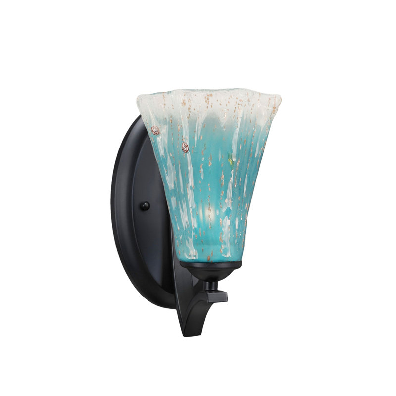 Akylah Wall Sconce Shown In Matte Black Finish With 5.5" Fluted Crystal Glass, Teal