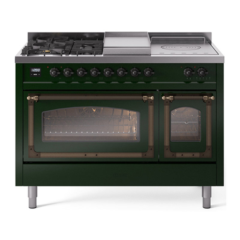 ILVE Nostalgie II Noblesse 48 inch Dual Fuel Range (5 Sealed Burners + Griddle + French Top, Triple Glass Door), Burnished