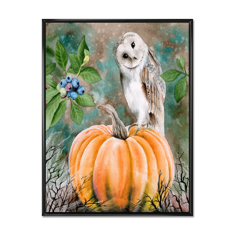 Chouette effraie assis sur une citrouille - reproduction sur toile, H 40 po x l 30 po x P 1,5 po, Cadre flottant noir