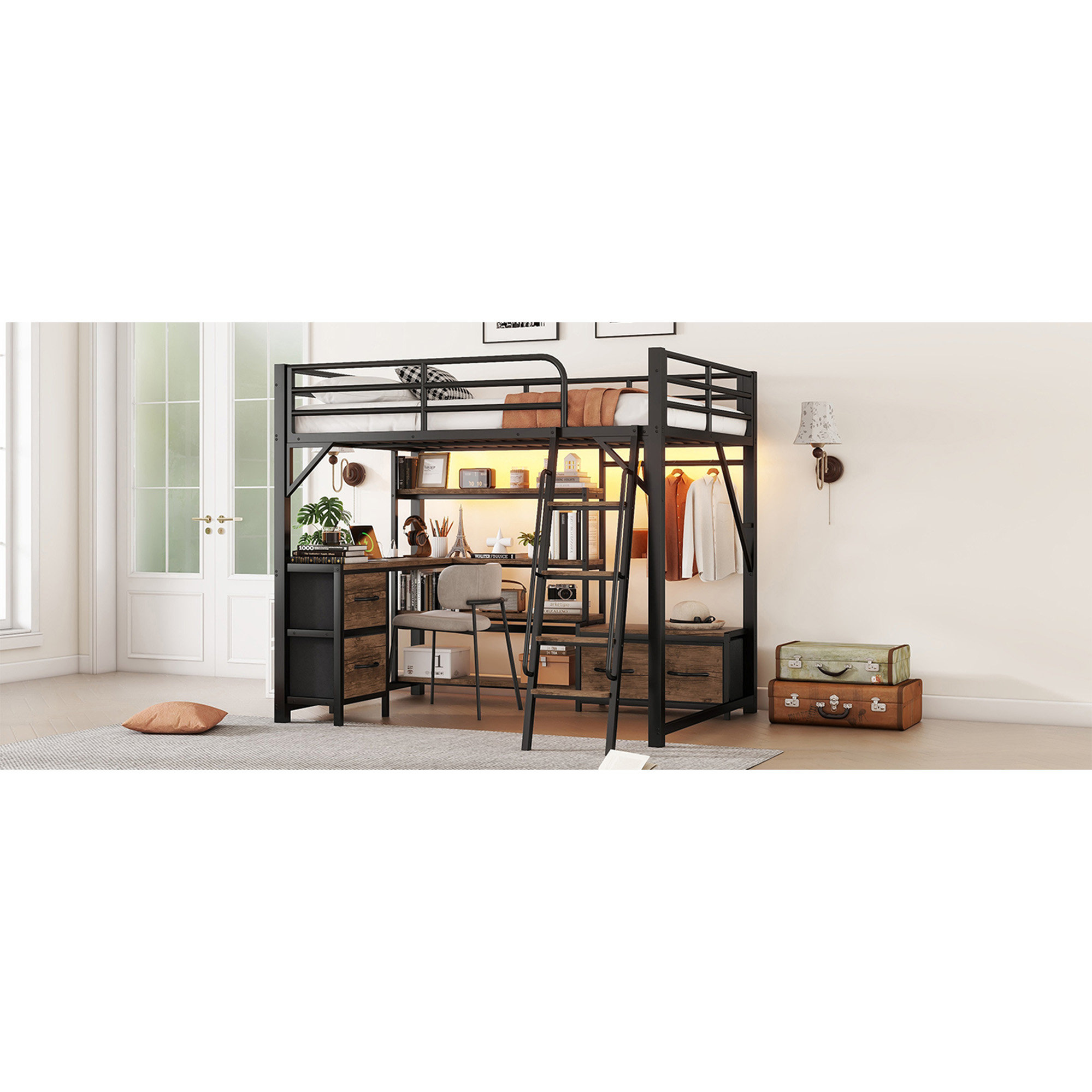 Trent Austin Design® Full Size Loft Bed With Desk And Light, Metal Loft ...