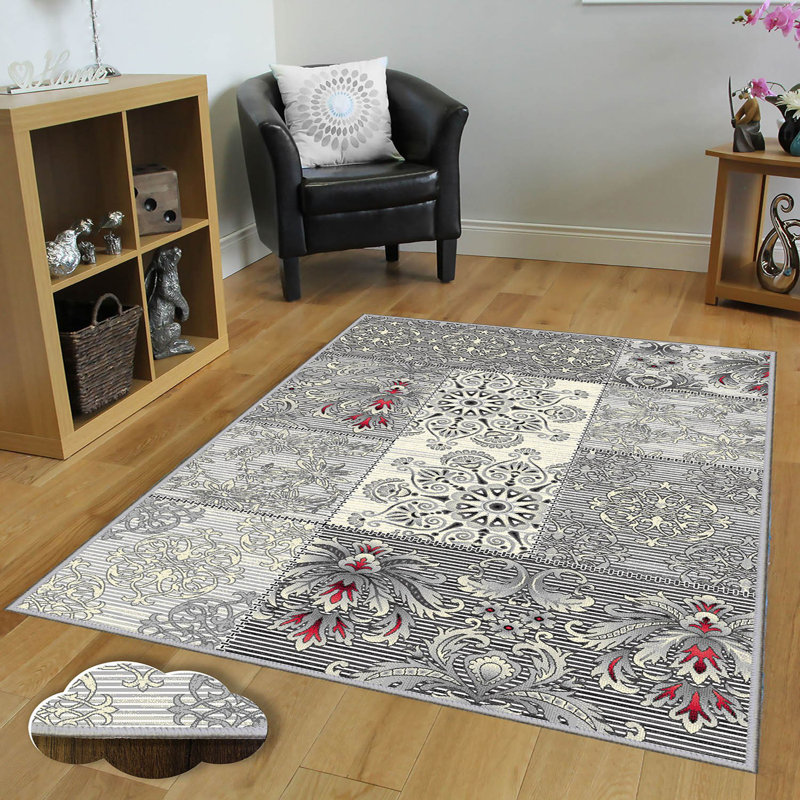 Tapis gris en polyester tissé à la machine Mchaney, Rectangle 5 pi 3 po x 7 pi 7 po