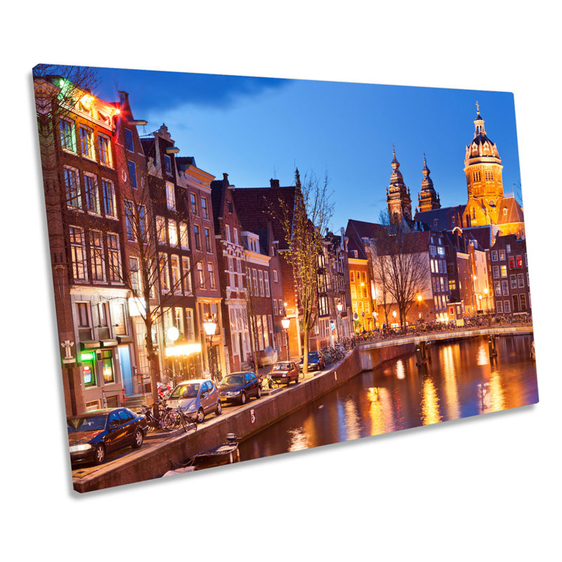 Amsterdam City Night Canal - Wrapped Canvas Art Prints, 50.8cm H x 76.2cm W x 2cm D