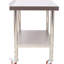 Table de travail robuste en acier inoxydable de 76 x 61 x 90 cm (30 x 24 x 35-1/2 pouces), supportant une charge de 200 kg (440 lb), avec dosseret, étagère réglable et 4 compartiments pour la préparation des repas. Rangement pour le linge sous l'étag