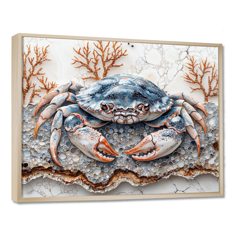 Aquarium bleu et blanc avec grand crabe II - crabe, art mural encadré, H 16 po x l 32 po, Cadre flottant, Crème, crème