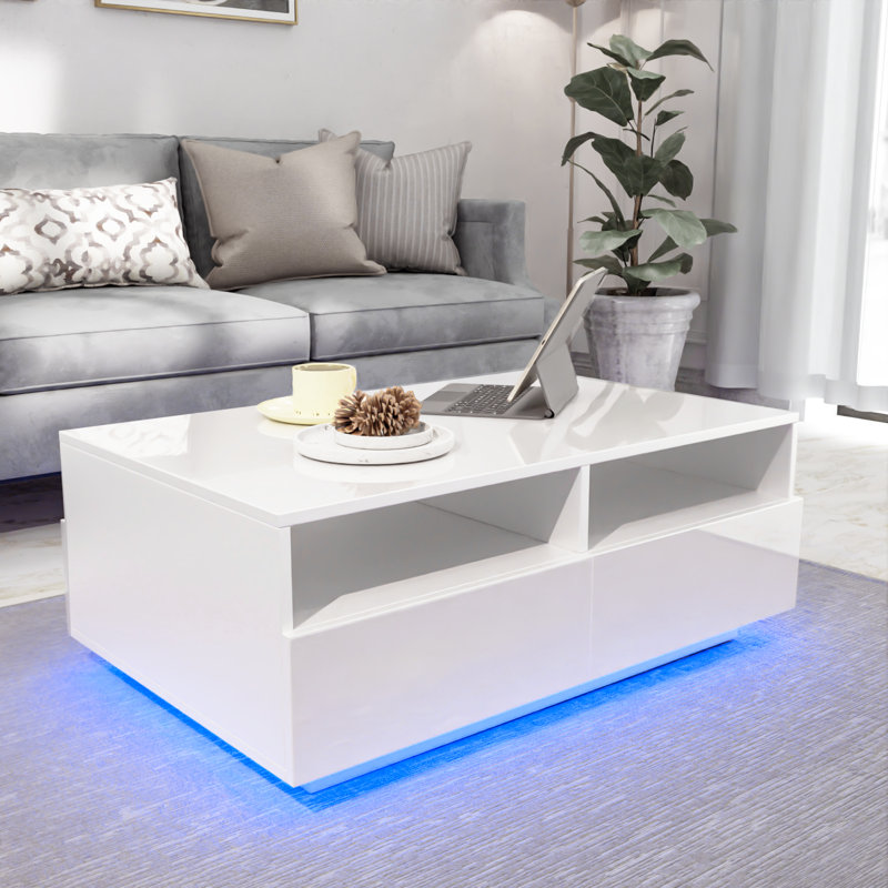 Table basse Gastelum à DEL avec lumières colorées à DEL RVB et 4 tiroirs, Blanc