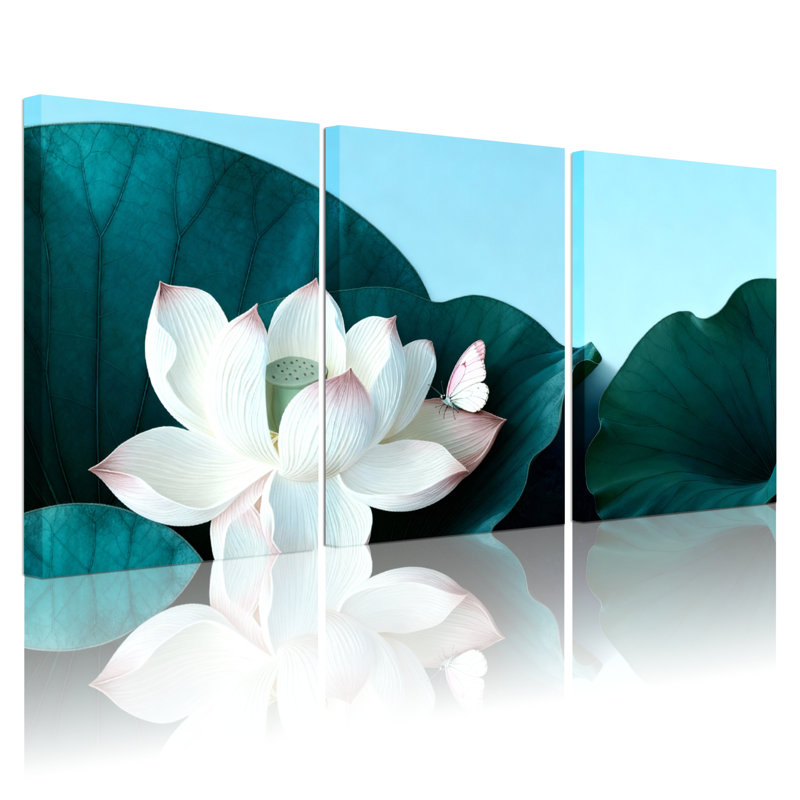 Ensemble de 3 tableaux sur toile tendue représentant des fleurs de lotus blanches et des papillons, pour la décoration du salon et de la chambre à coucher.
