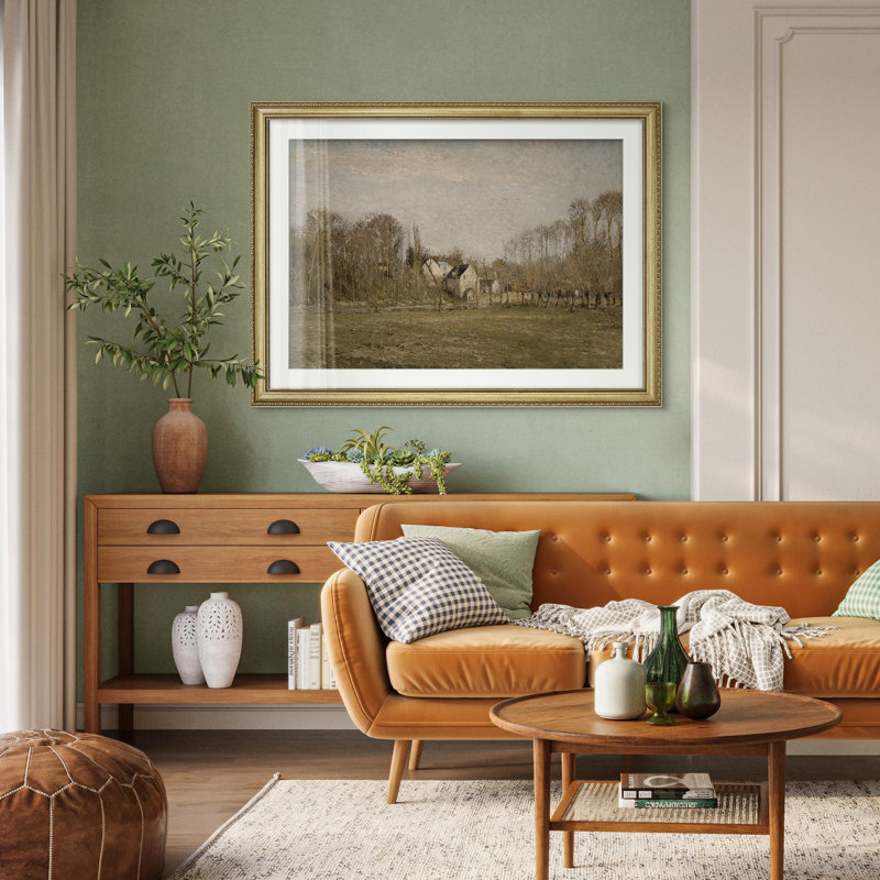 "Paysage rétro, scène de campagne paisible avec arbres nus, décoration murale encadrée dorée", Oui