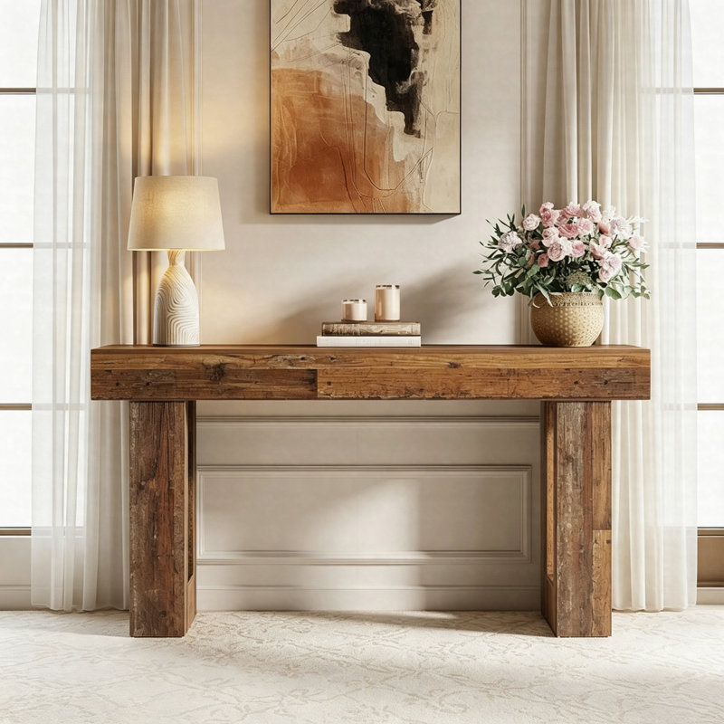 Table de canapé en bois 63 po, console d'appoint Chunky, table d'appoint rustique de style campagnard, Mélange de bruns