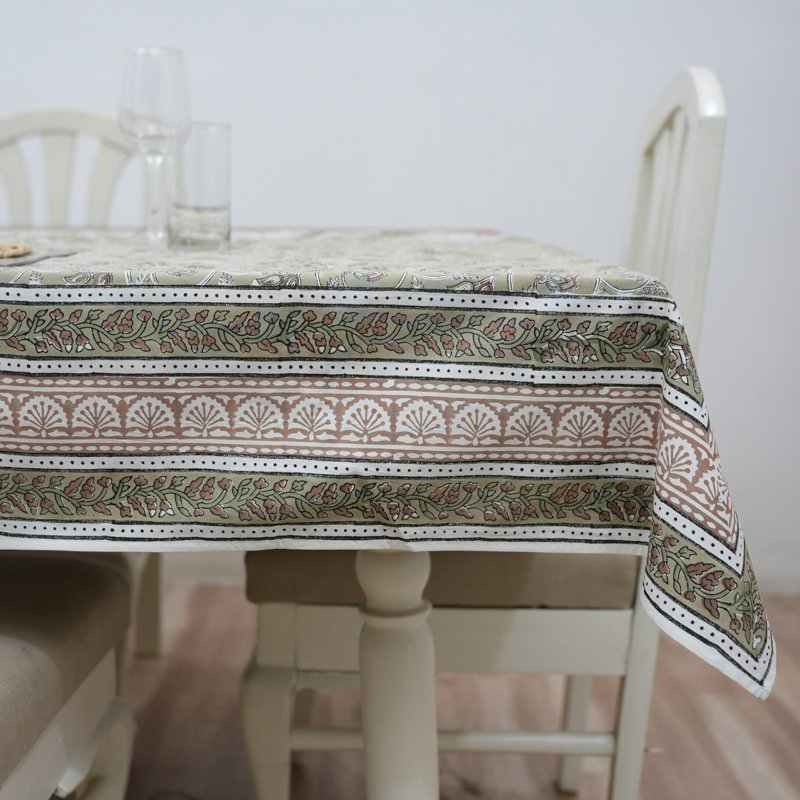 Housse de table en coton Elegant Block Print - Leaf & Bloom Design, Saraswati, vert, L 72 po x L 160 po