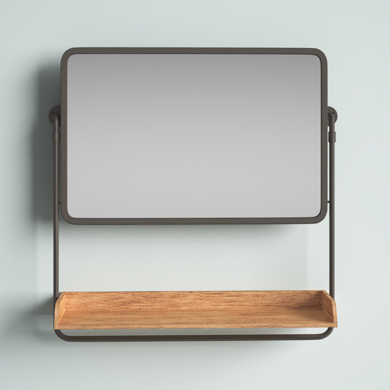 Rustic Brown and Black Rectangular Wall Mirror with Shelf