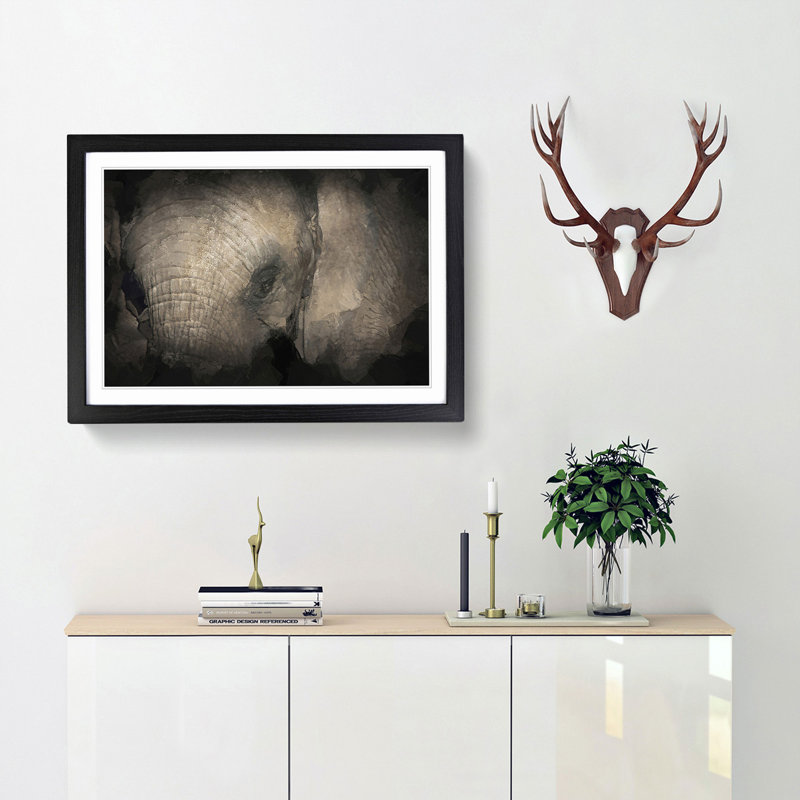 Gentle Elephant in Abstract - Framed Print, 62cm H x 87cm W x 2cm D, Black Framed