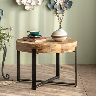 Table basse ronde en bois massif rétro Burlywood