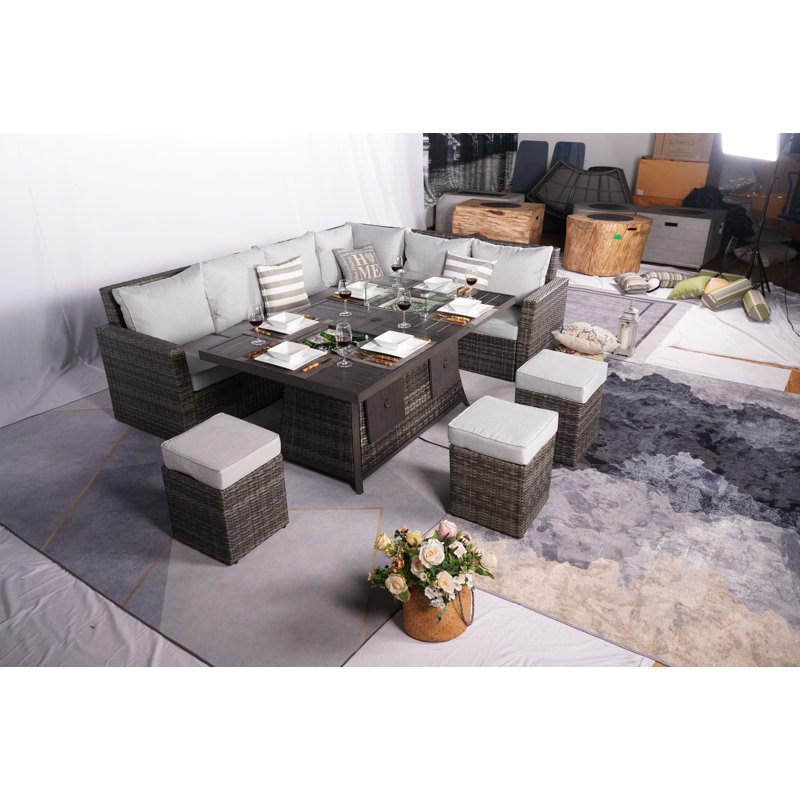 5 - Person Wicker Patio Dining Set with Square Table , Cushions Included, Gray