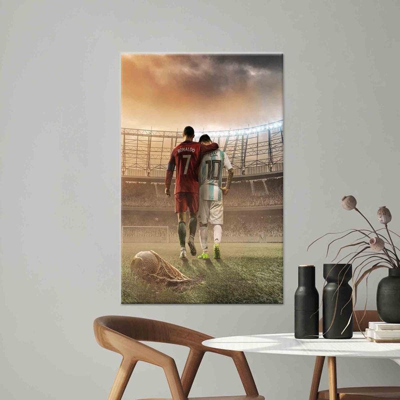 Impression sur toile de football moderne: œuvre de Messi et de Ronaldo, toiles à cadre blanc 1P, H: 15,8 po x l: 11,9 po