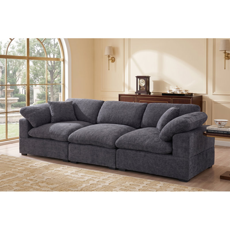 Modular 3-Seat Sofa Soft Comfort Cloud Couch, Wide Seats, 2 Arm Pillows & 2 Toss Pillows, Dark Gray